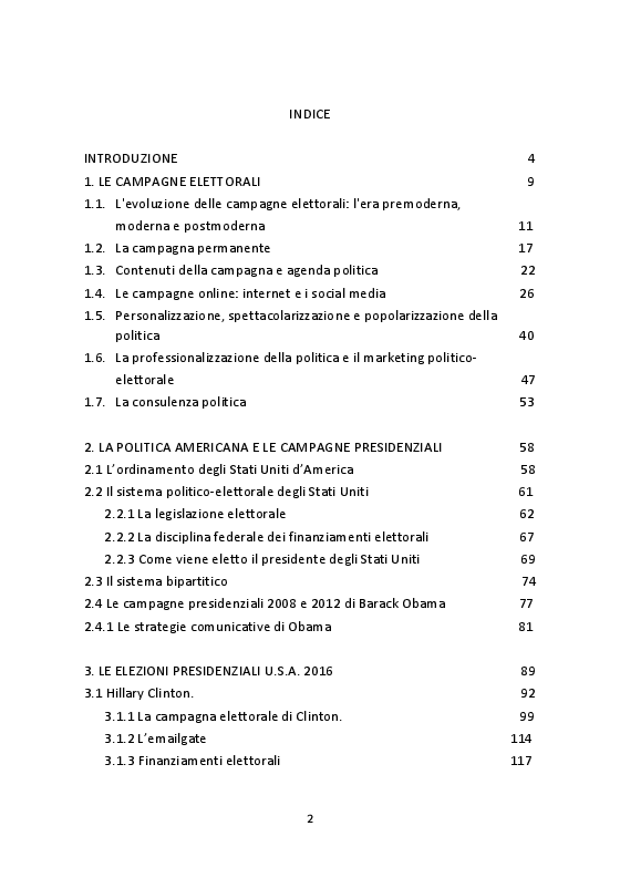 Indice della tesi: La campagna per le Presidenziali USA 2016: analisi dei profili Facebook e Twitter di Clinton e Trump, Pagina 1