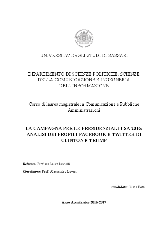 Anteprima della tesi: La campagna per le Presidenziali USA 2016: analisi dei profili Facebook e Twitter di Clinton e Trump, Pagina 1