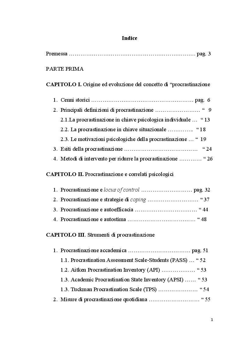 Indice della tesi: La procrastinazione in adolescenza: Una ricerca sul campo, Pagina 1