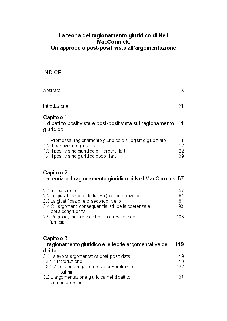 Indice della tesi: La teoria del ragionamento giuridico di Neil MacCormick, un approccio post-positivista all'argomentazione, Pagina 1