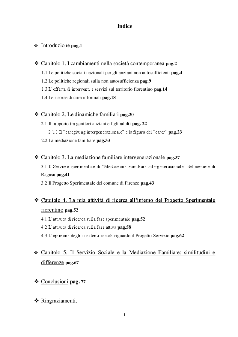 Indice della tesi: Esperienze di Mediazione Familiare Intergenerazionale nel comune di Firenze. Il ruolo dell'assistente sociale., Pagina 1