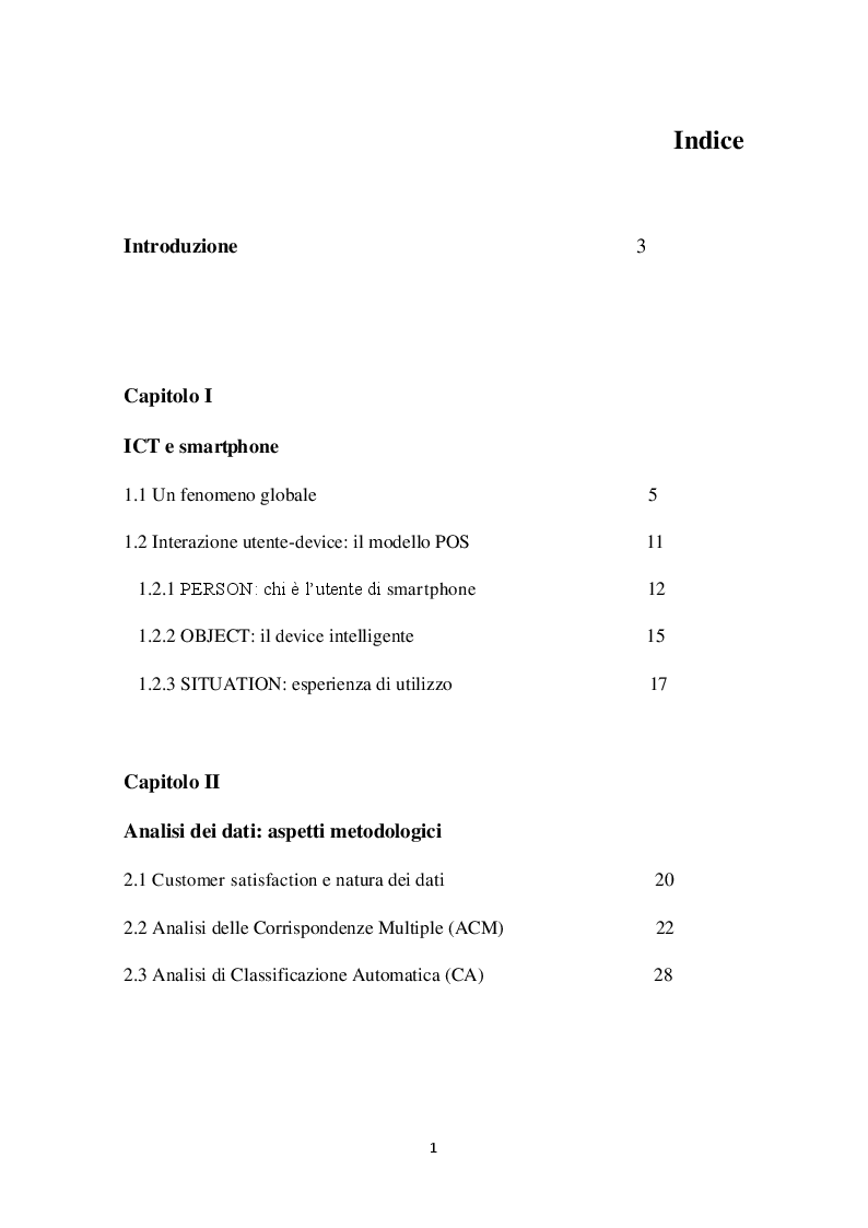 Indice della tesi: Comportamento di acquisto e di consumo nel mondo dello smartphone: un'analisi statistica, Pagina 1