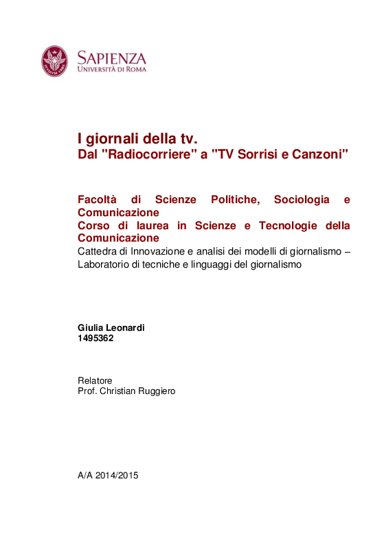 Anteprima della tesi: I giornali della TV. Dal Radiocorriere a Tv Sorrisi e Canzoni, Pagina 1