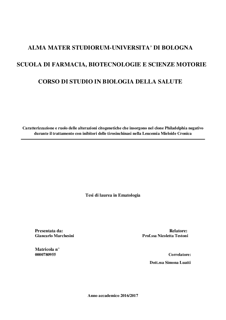 Anteprima della tesi: Caratterizzazione e ruolo delle alterazioni citogenetiche che insorgono nel clone Philadelphia negativo durante il trattamento con inibitori delle tirosinchinasi nella Leucemia Mieloide Cronica, Pagina 1
