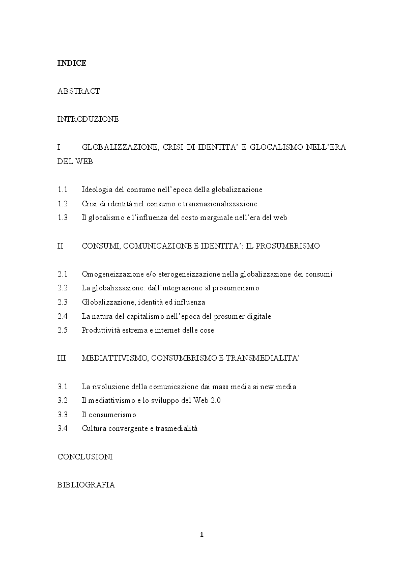 Indice della tesi: Internet e la decontestualizzazione dei consumi, Pagina 1