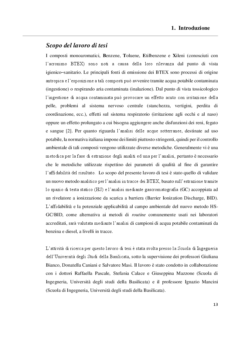 Estratto dalla tesi: Sviluppo e validazione di un metodo analitico basato sulla gas cromatografia con rivelazione a ionizzazione da scarica a barriera (GC/BID) per la determinazione dei BTEX in campioni di acqua