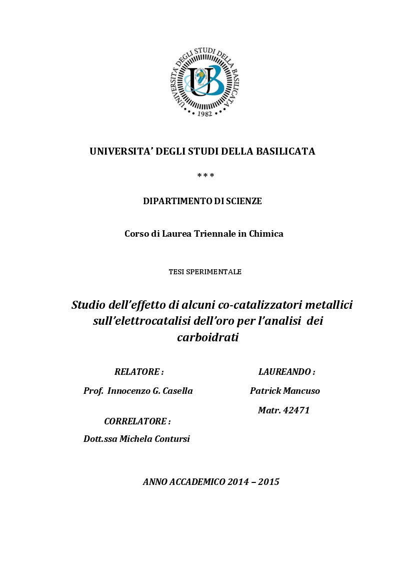 Anteprima della tesi: Studio dell’effetto di alcuni co-catalizzatori metallici sull’elettrocatalisi dell’oro per l’analisi dei carboidrati, Pagina 1