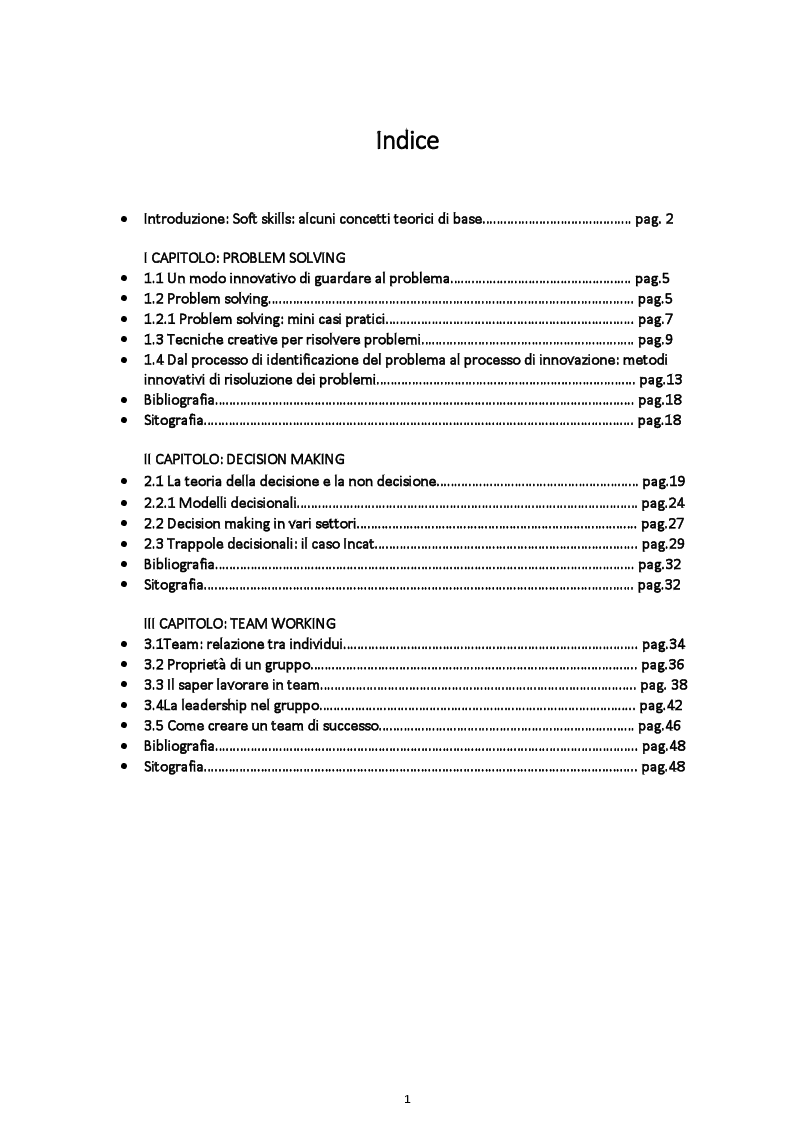 Indice della tesi: L'importanza delle soft skills nelle organizzazioni e nel lavoro, Pagina 1