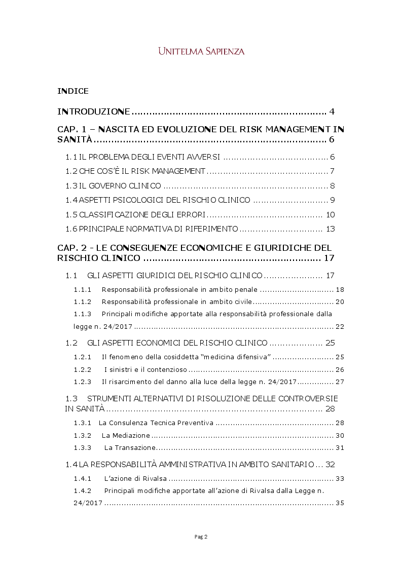 Indice della tesi: Implementazione di un sistema integrato di gestione del rischio clinico nelle aziende sanitarie, Pagina 1