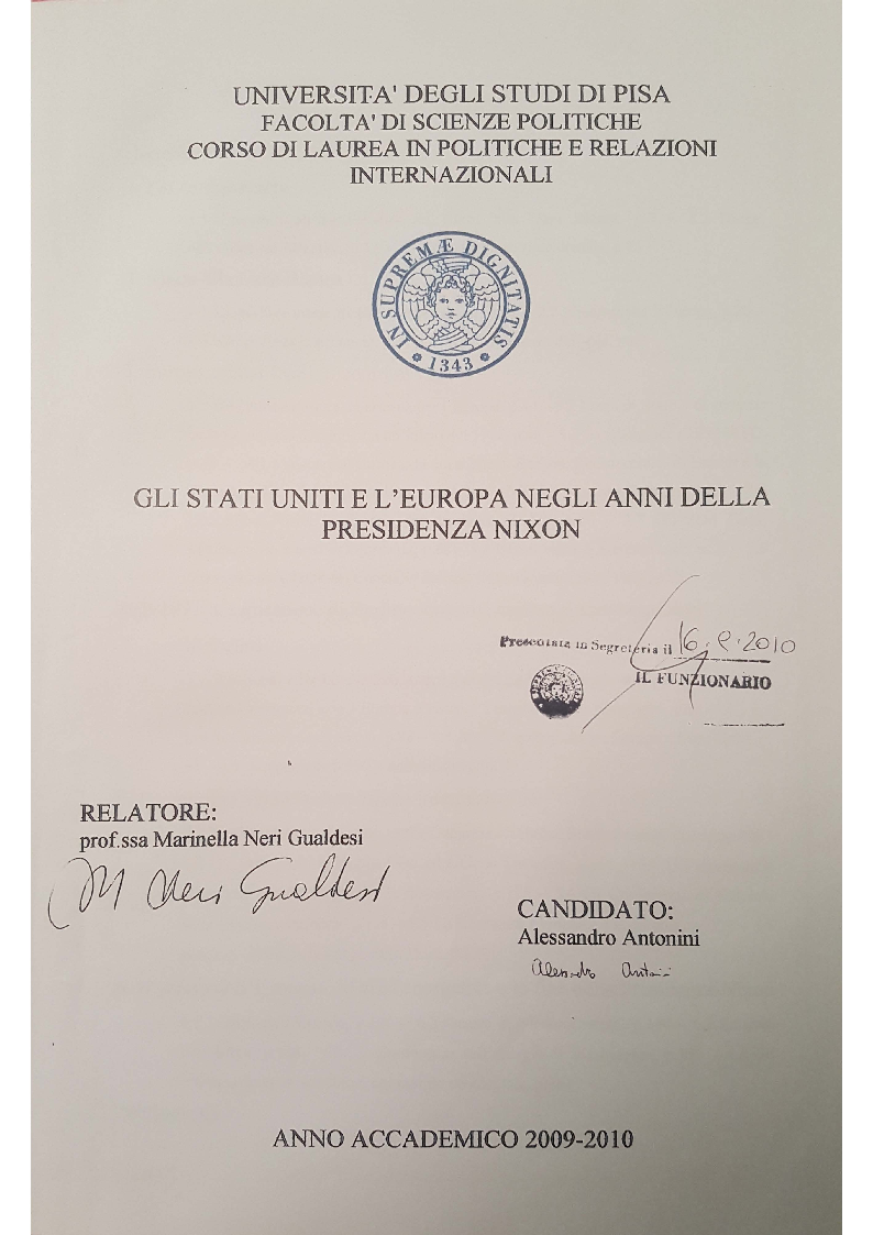 Anteprima della tesi: Gli Stati Uniti e l'Europa negli anni della presidenza Nixon, Pagina 1