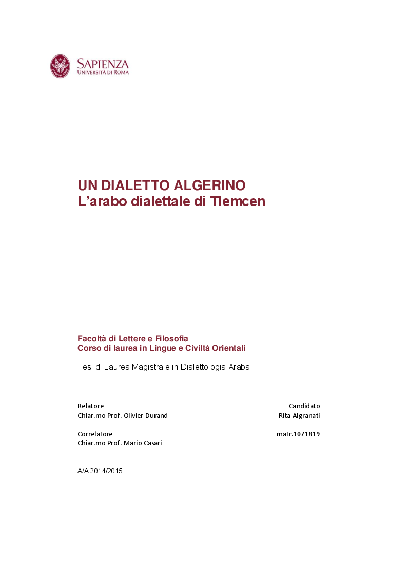 Anteprima della tesi: Un dialetto algerino. L'arabo dialettale di Tlemcen, Pagina 1