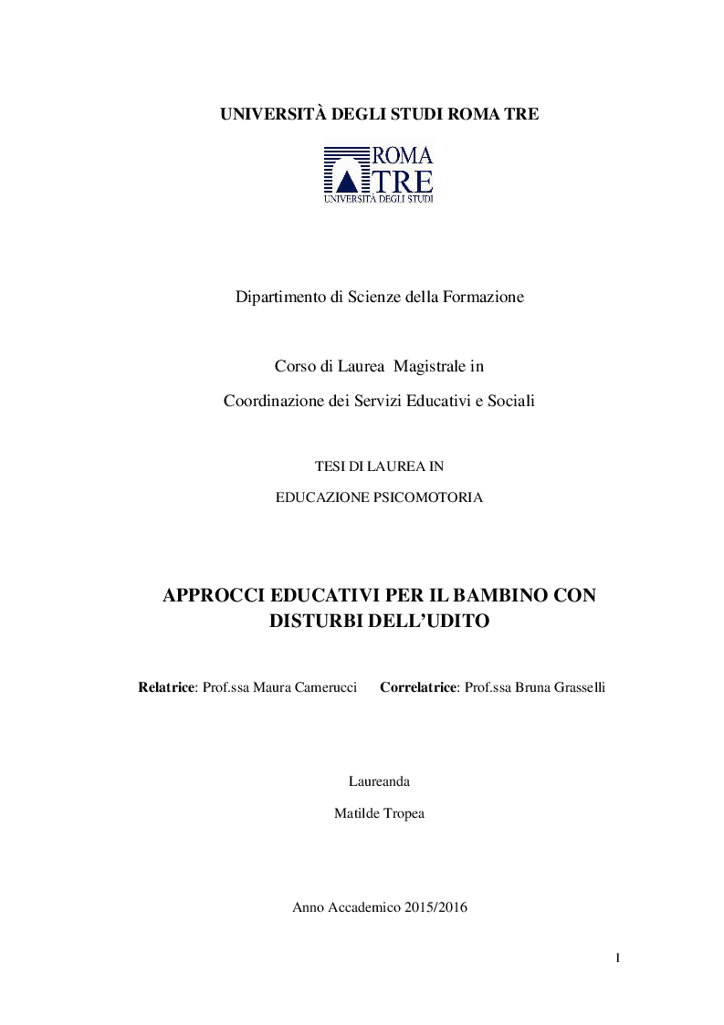Anteprima della tesi: Approcci educativi per il bambini con disturbi dell'udito, Pagina 1