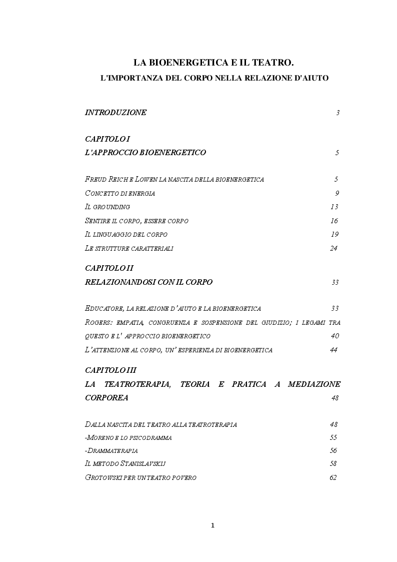 Indice della tesi: La bioenergetica e il teatro. L'importanza del corpo nella relazione d'aiuto, Pagina 1