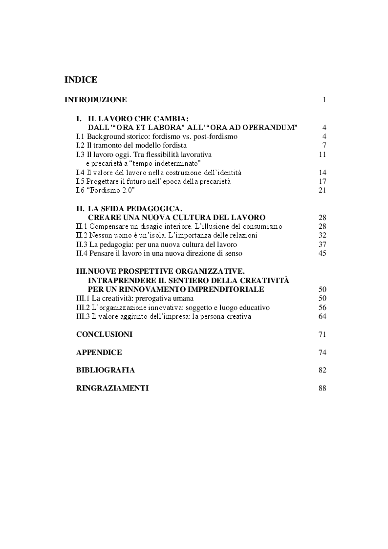 Indice della tesi: Il volto del lavoro nella società contemporanea: dal lavoro che nobilita l'uomo al lavoro che mobilita l'uomo, Pagina 1