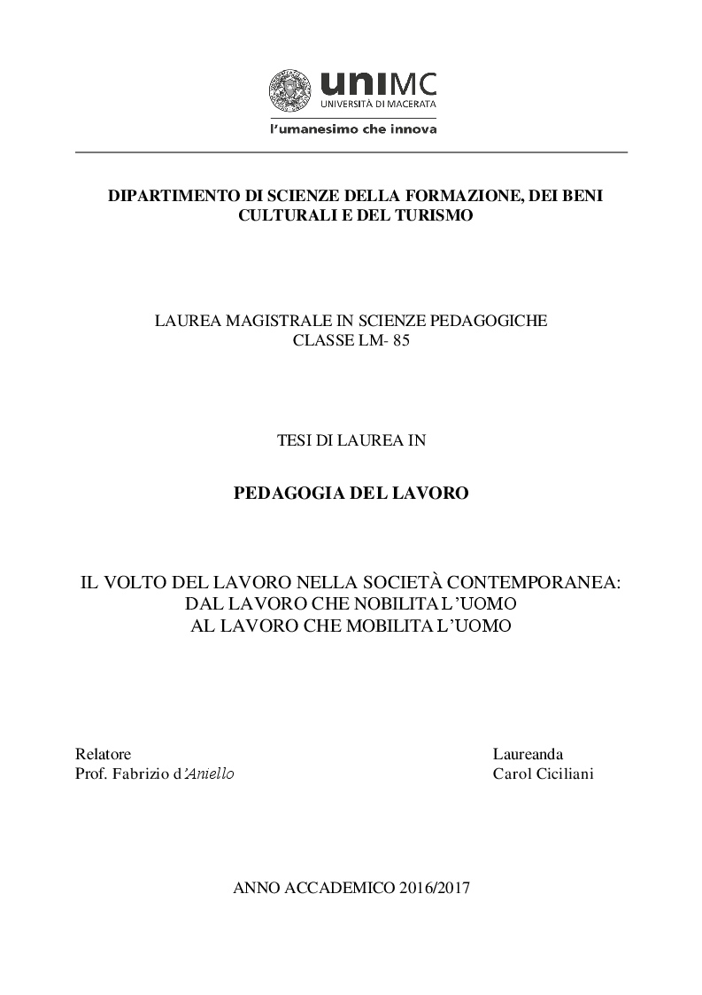 Anteprima della tesi: Il volto del lavoro nella società contemporanea: dal lavoro che nobilita l'uomo al lavoro che mobilita l'uomo, Pagina 1