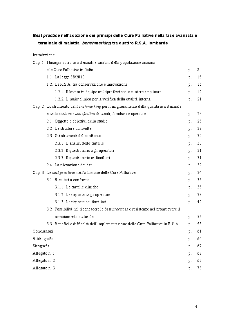 Indice della tesi: Best Practice nell'adozione dei principi delle Cure Palliative nella fase avanzata e terminale di malattia: Benchmarking tra quattro R.S.A. lombarde, Pagina 1