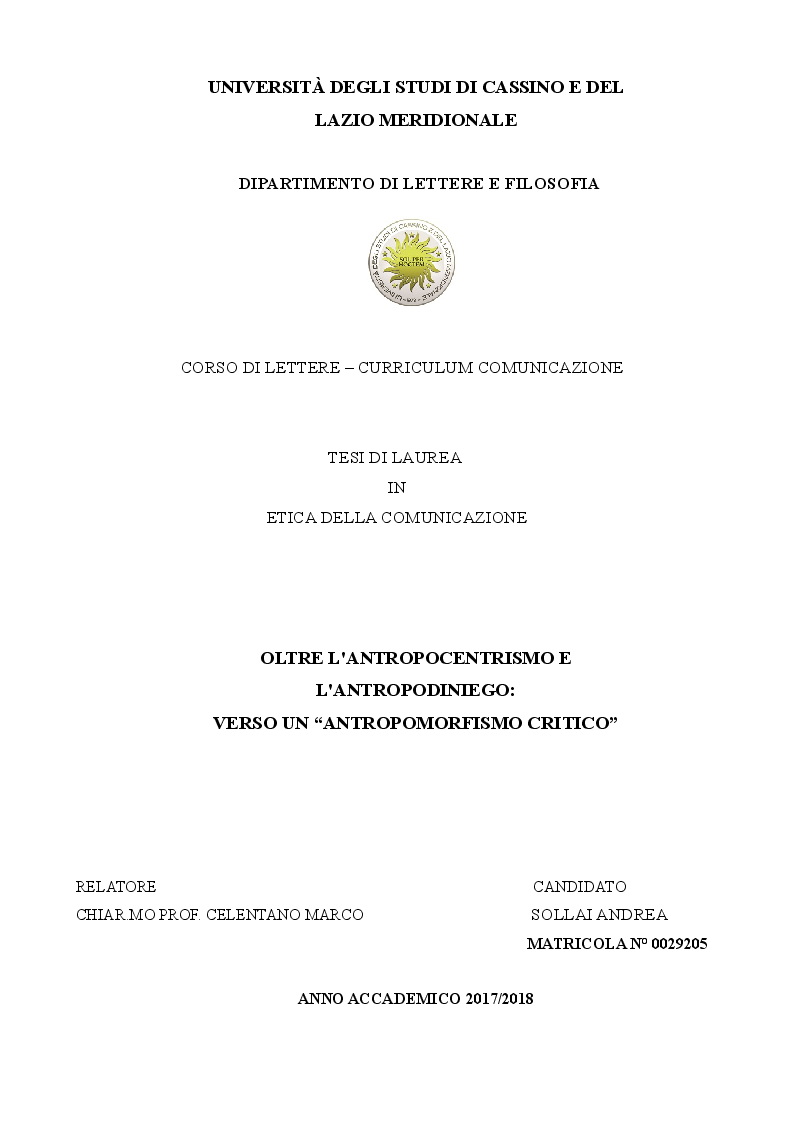 Anteprima della tesi: Oltre l'antropocentrismo, oltre l'antropodiniego: verso un ''antropomorfismo critico'', Pagina 1