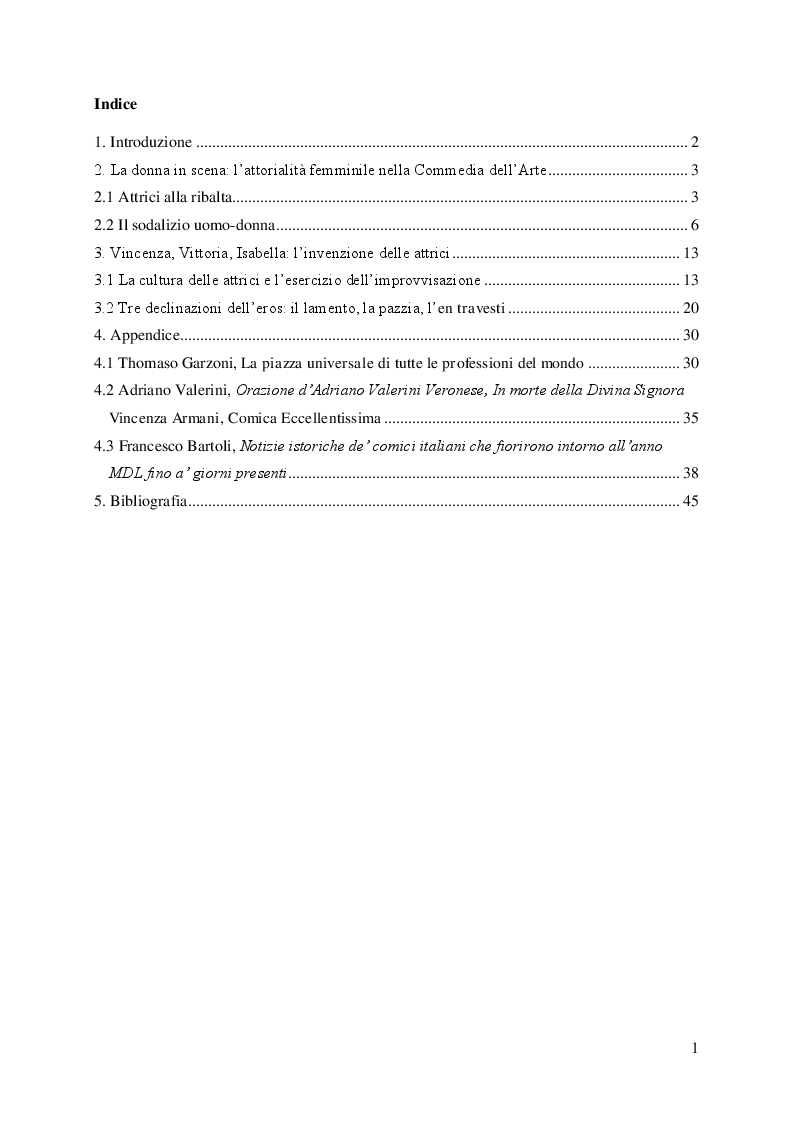 Indice della tesi: Il volto femminile della Commedia dell'Arte: l'affermazione dell'attrice tra '500 e '600, Pagina 1