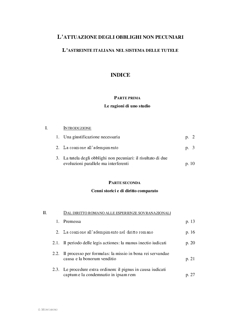 Indice della tesi: L'attuazione degli obblighi non pecuniari. L'astreinte italiana nel sistema delle tutele, Pagina 1