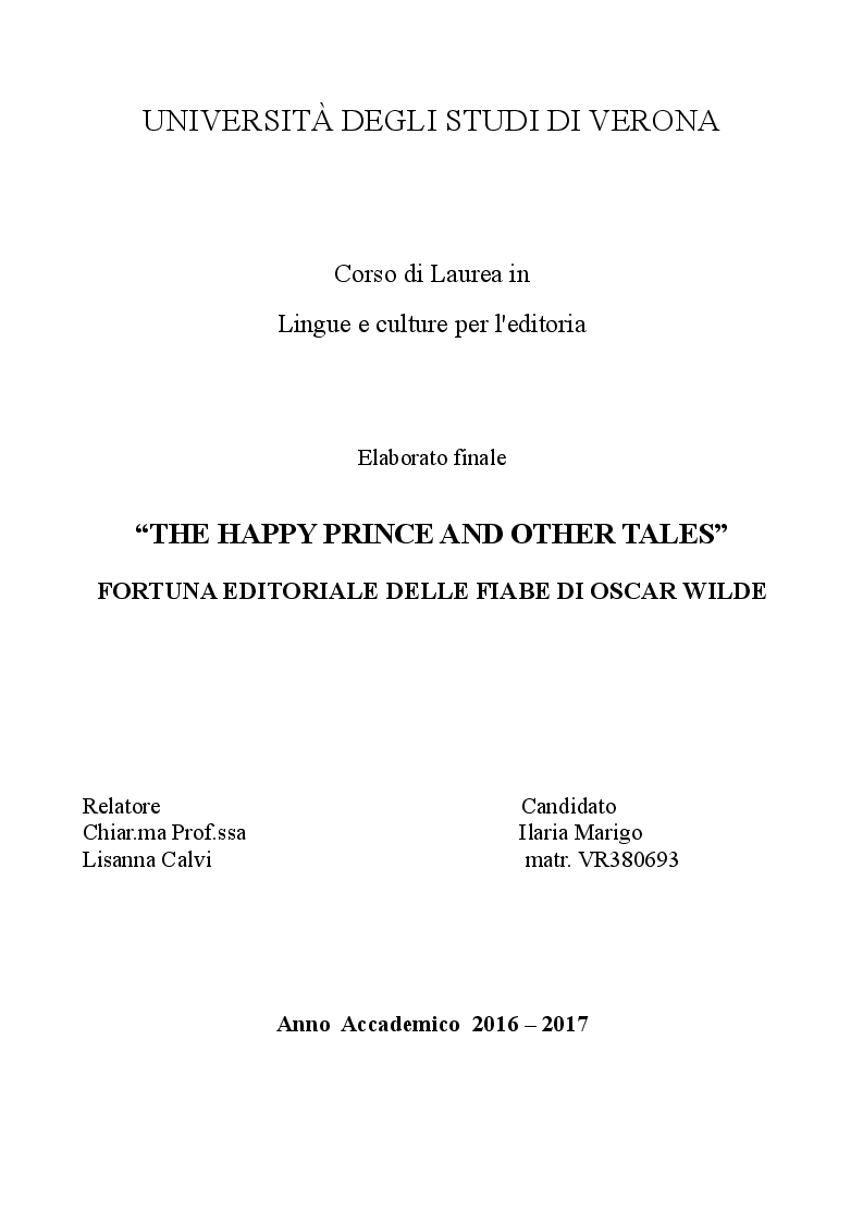 Anteprima della tesi: The Happy Prince and Other Tales: fortuna editoriale delle fiabe di Oscar Wilde, Pagina 1