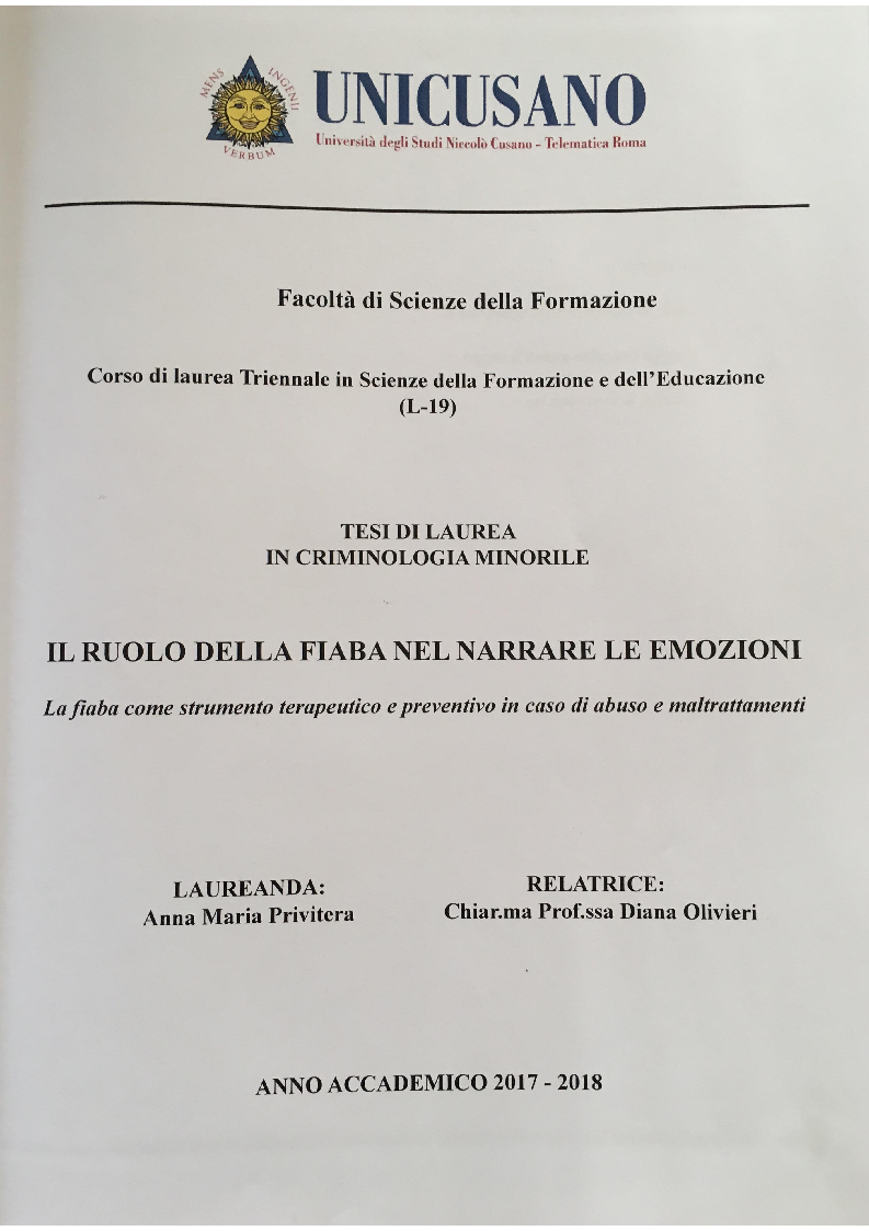 Anteprima della tesi: Il ruolo della fiaba nel narrare le emozioni. La fiaba come strumento terapeutico e preventivo in caso di abuso e maltrattamenti., Pagina 1
