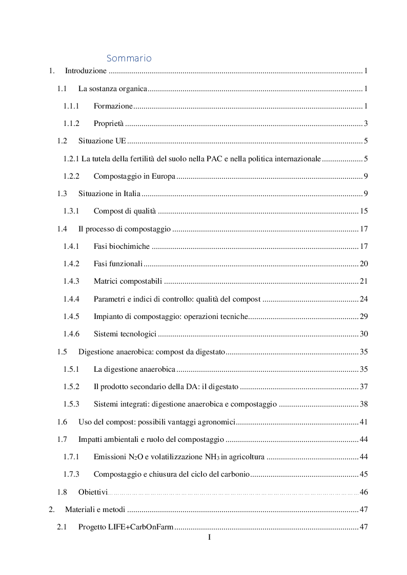 Indice della tesi: Valore agronomico ed effetti ambientali del compost da digestato, Pagina 1