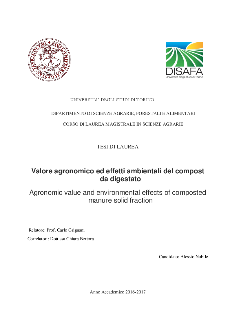 Anteprima della tesi: Valore agronomico ed effetti ambientali del compost da digestato, Pagina 1
