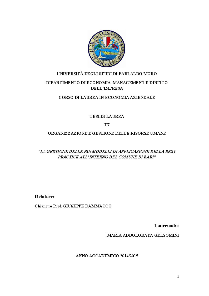 Anteprima della tesi: La gestione delle RU: Modelli di applicazione della best practice all'interno del Comune di Bari, Pagina 1