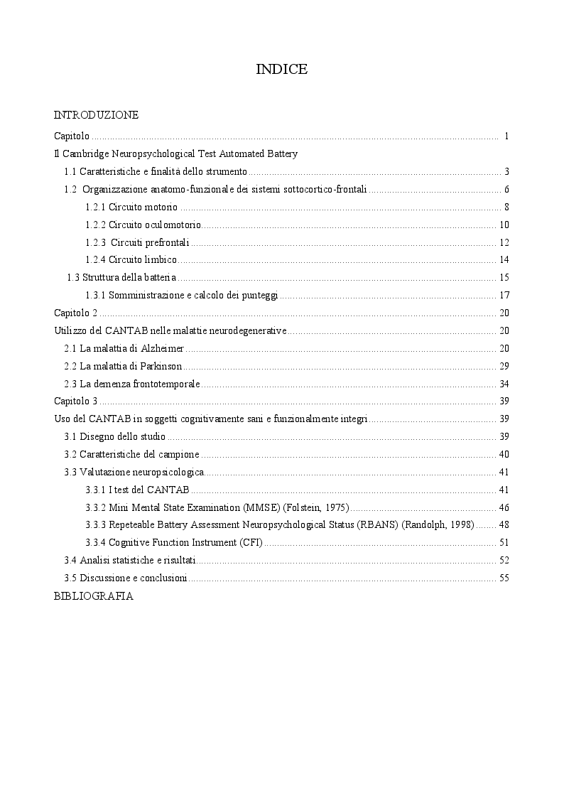 Indice della tesi: Il CAmbridge Neuropsychological Test Automated Battery (CANTAB) per la diagnosi preclinica dei disturbi cognitivi dell'adulto, Pagina 1
