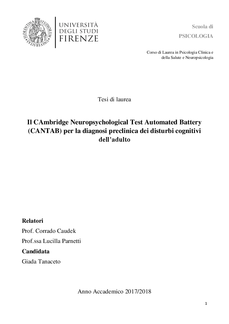 Anteprima della tesi: Il CAmbridge Neuropsychological Test Automated Battery (CANTAB) per la diagnosi preclinica dei disturbi cognitivi dell'adulto, Pagina 1