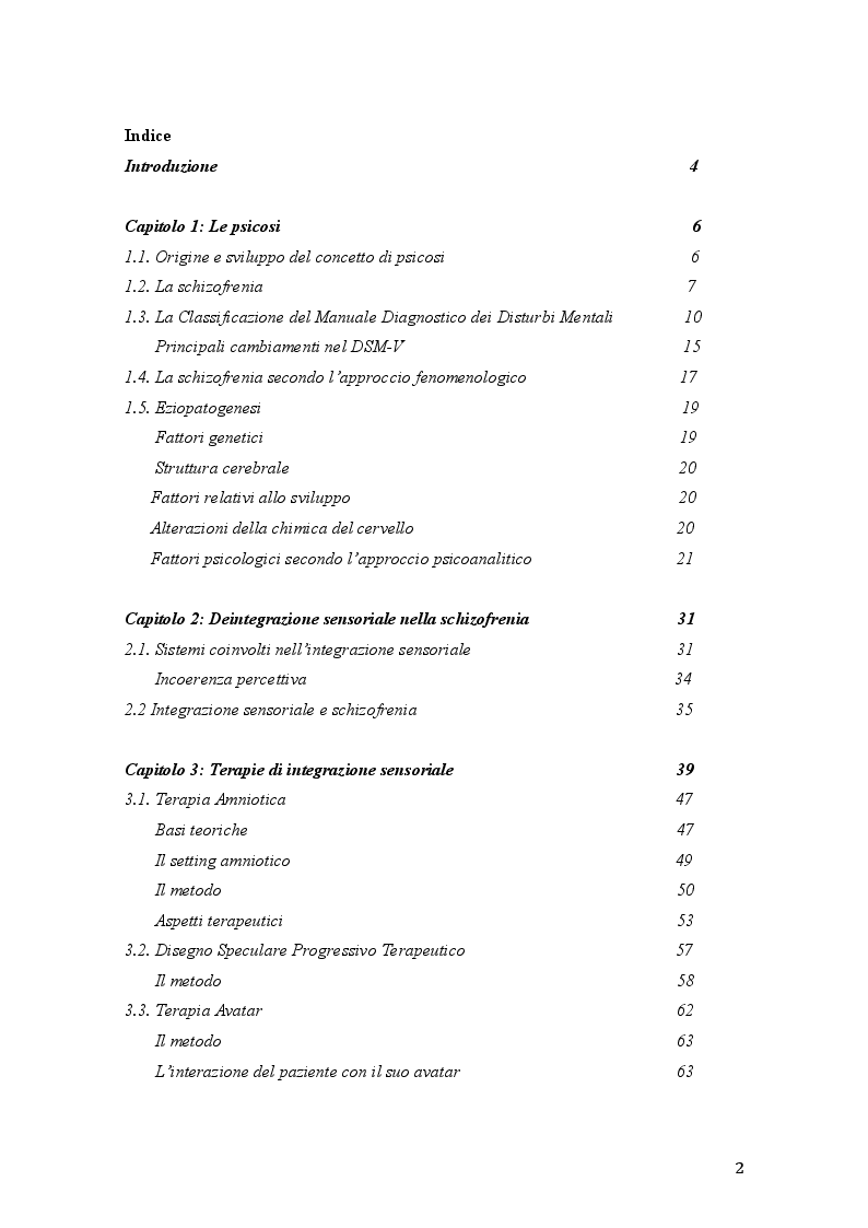 Indice della tesi: Percorsi di integrazione sensoriale nel trattamento delle psicosi, Pagina 1