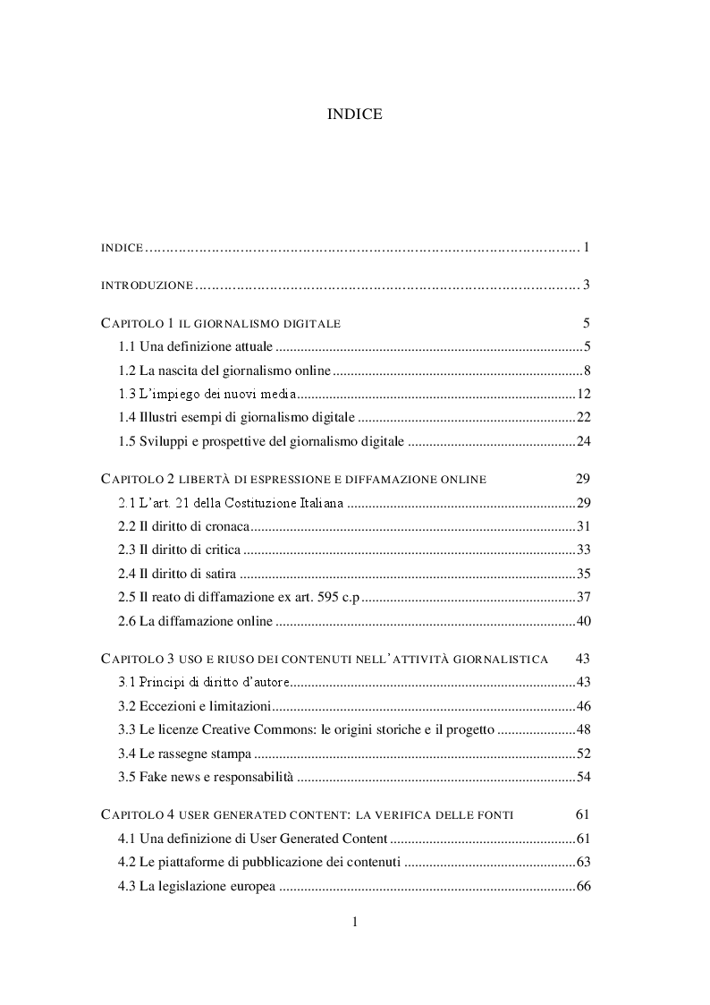 Indice della tesi: Profili giuridici del giornalismo digitale, Pagina 1