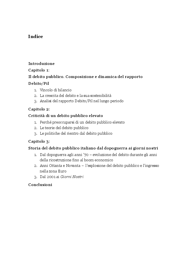 Indice della tesi: Il debito pubblico e i programmi di aggiustamento economico: il caso italiano dal secondo dopoguerra a oggi, Pagina 1