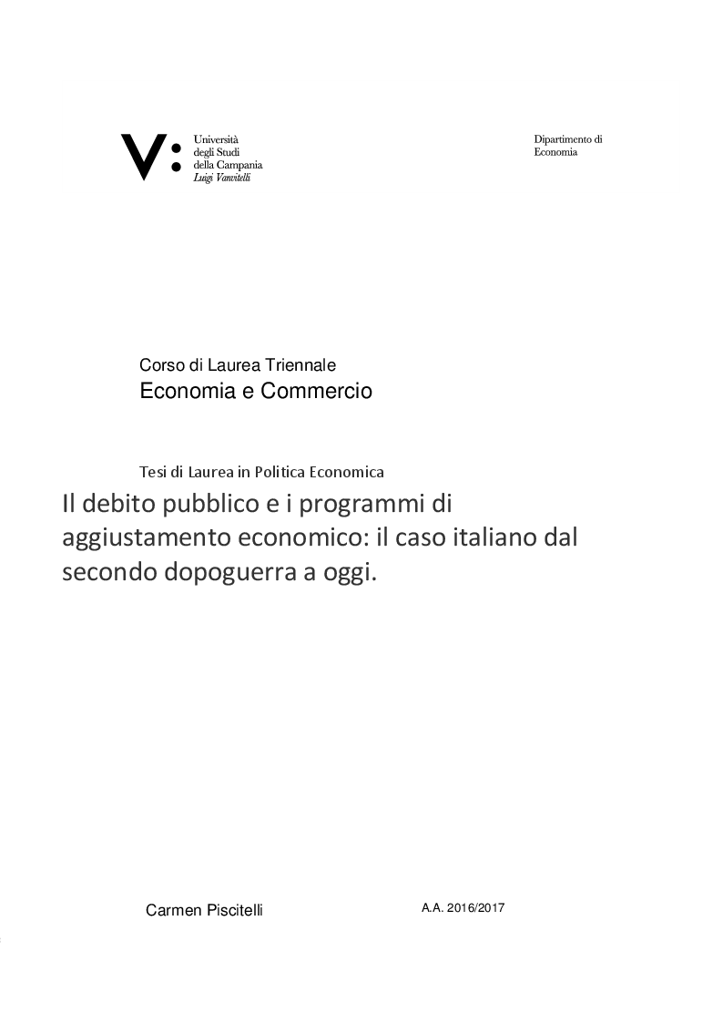 Anteprima della tesi: Il debito pubblico e i programmi di aggiustamento economico: il caso italiano dal secondo dopoguerra a oggi, Pagina 1