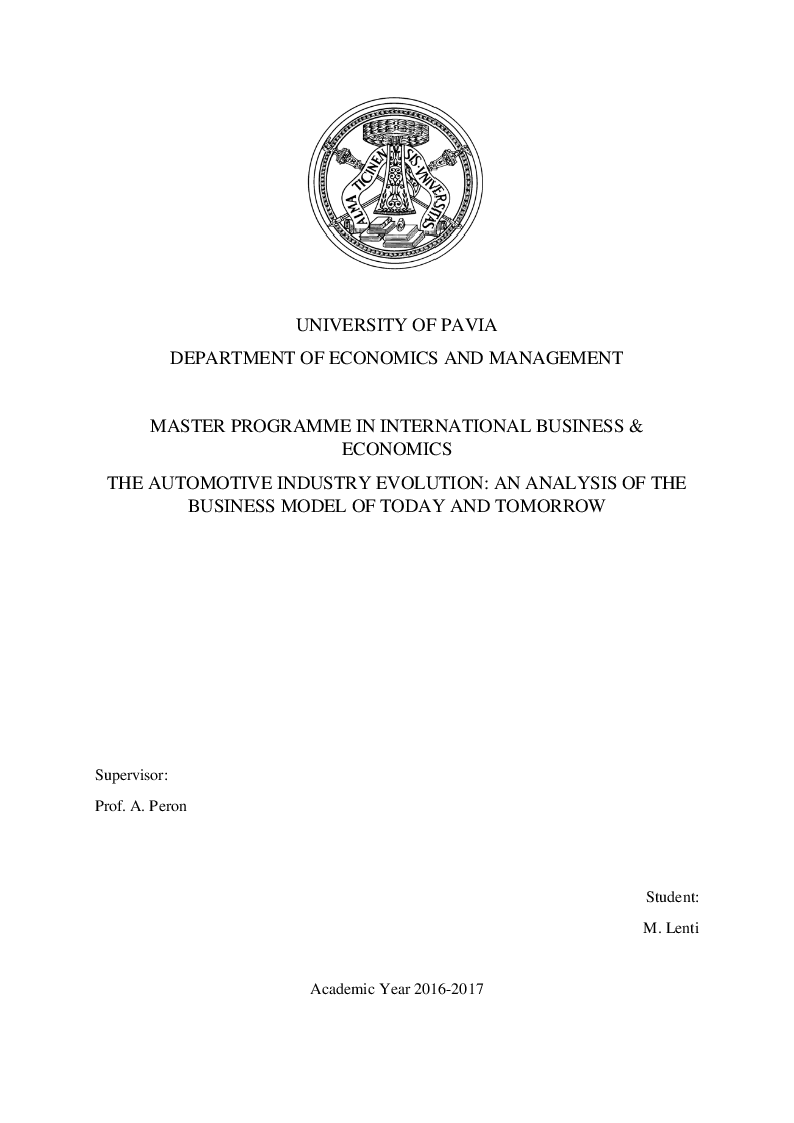Anteprima della tesi: The Automotive Industry Evolution: an Analysis of the Business Model of Today and Tomorrow, Pagina 1