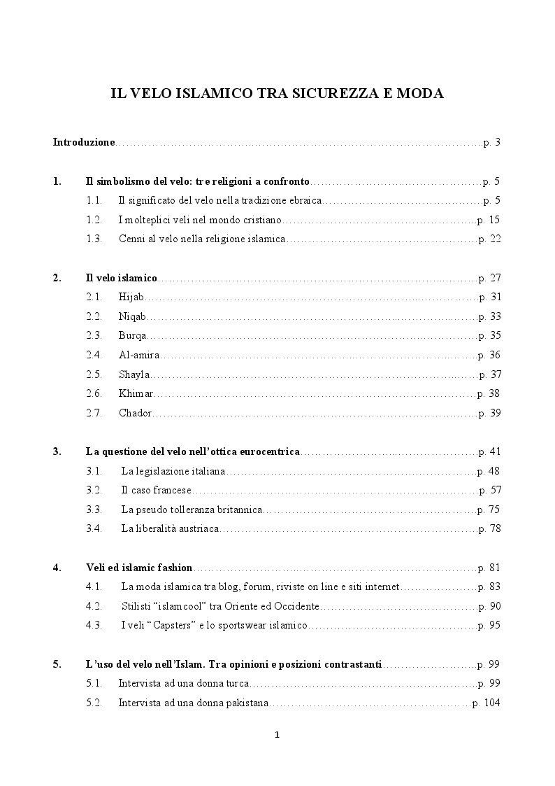 Indice della tesi: Il velo tra moda e sicurezza, Pagina 1