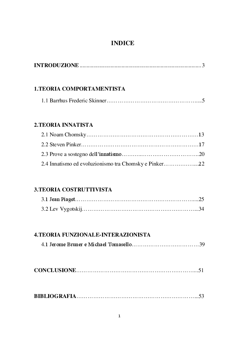 Indice della tesi: Approcci all'acquisizione del linguaggio: dal comportamentismo alla teoria interazionista, Pagina 1