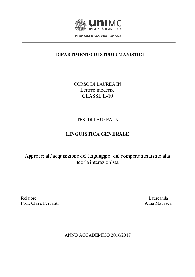 Anteprima della tesi: Approcci all'acquisizione del linguaggio: dal comportamentismo alla teoria interazionista, Pagina 1