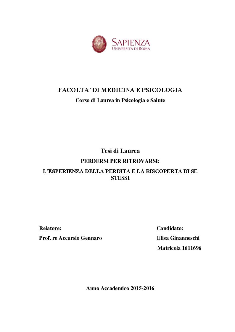 Anteprima della tesi: Perdersi per ritrovarsi: l'esperienza della perdita e la riscoperta di se stessi, Pagina 1