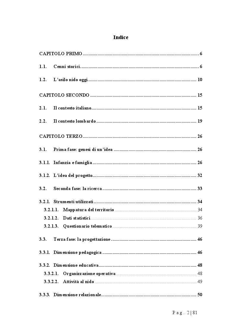 Indice della tesi: Progettare un nido d'infanzia: orientamenti pedagogici, spazi, tempi, funzionamento, Pagina 1