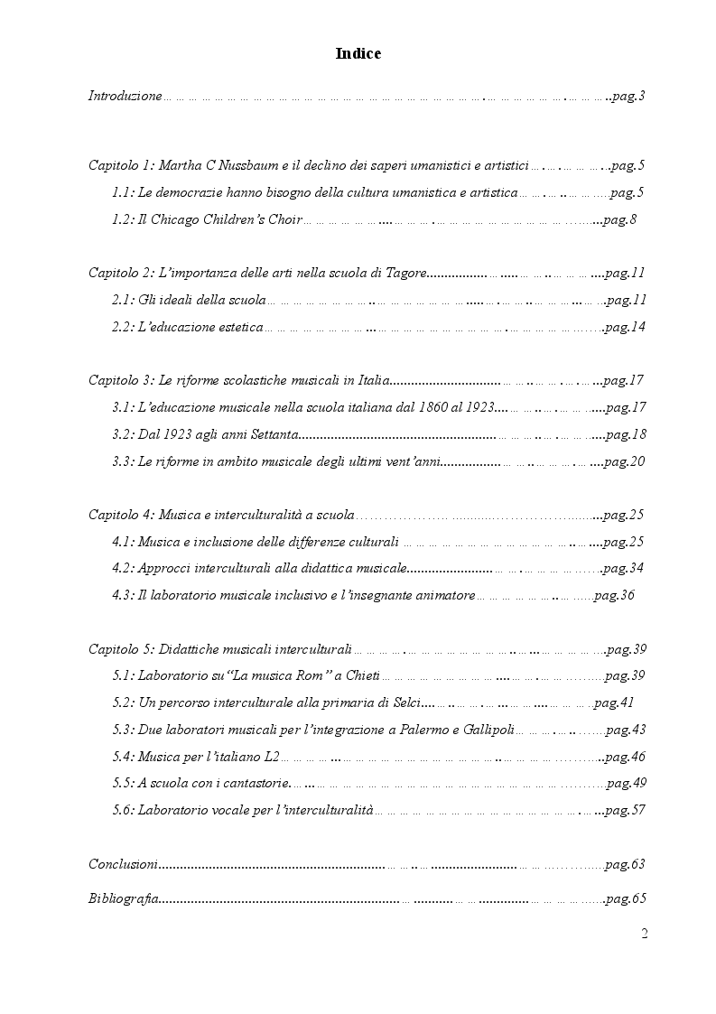 Indice della tesi: Musica e Interculturalità a scuola, Pagina 1