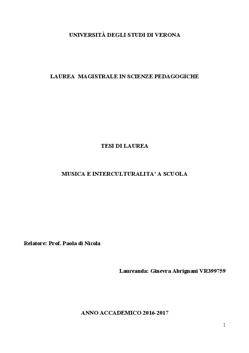 Anteprima della tesi: Musica e Interculturalità a scuola, Pagina 1