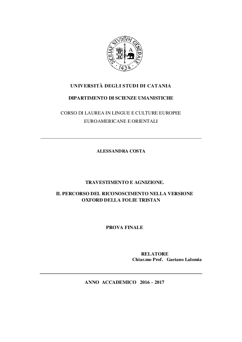 Anteprima della tesi: Travestimento e agnizione. Il percorso del riconoscimento nella versione Oxford della Folie Tristan, Pagina 1