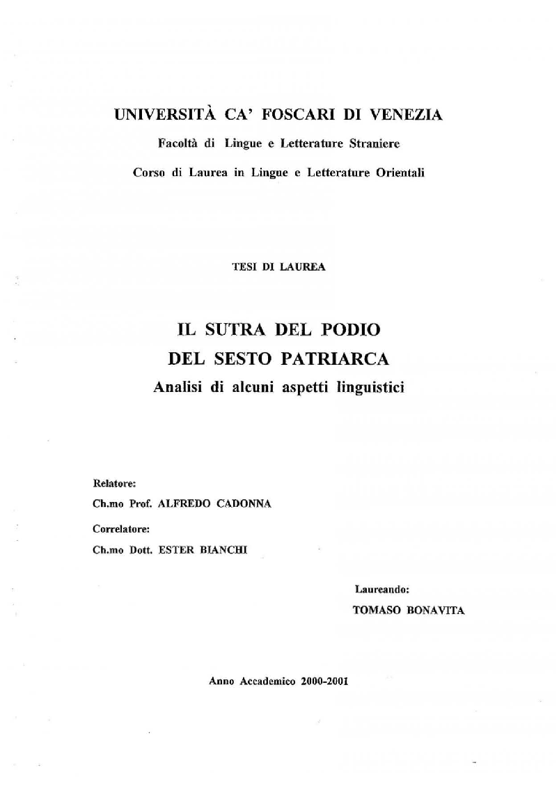 Anteprima della tesi: Il Sutra del Podio del Sesto Patriarca. Analisi di alcuni aspetti linguistici, Pagina 1