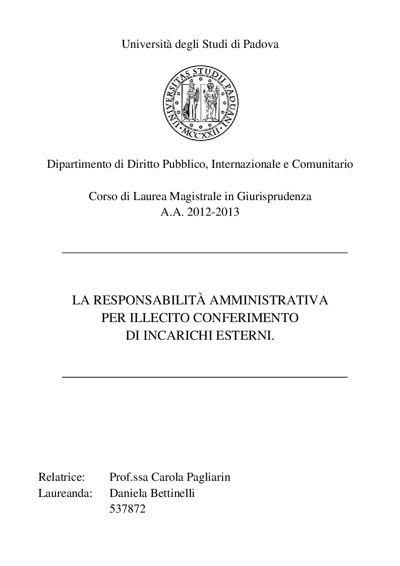 Anteprima della tesi: La responsabilità amministrativa per illecito conferimento di incarichi esterni, Pagina 1