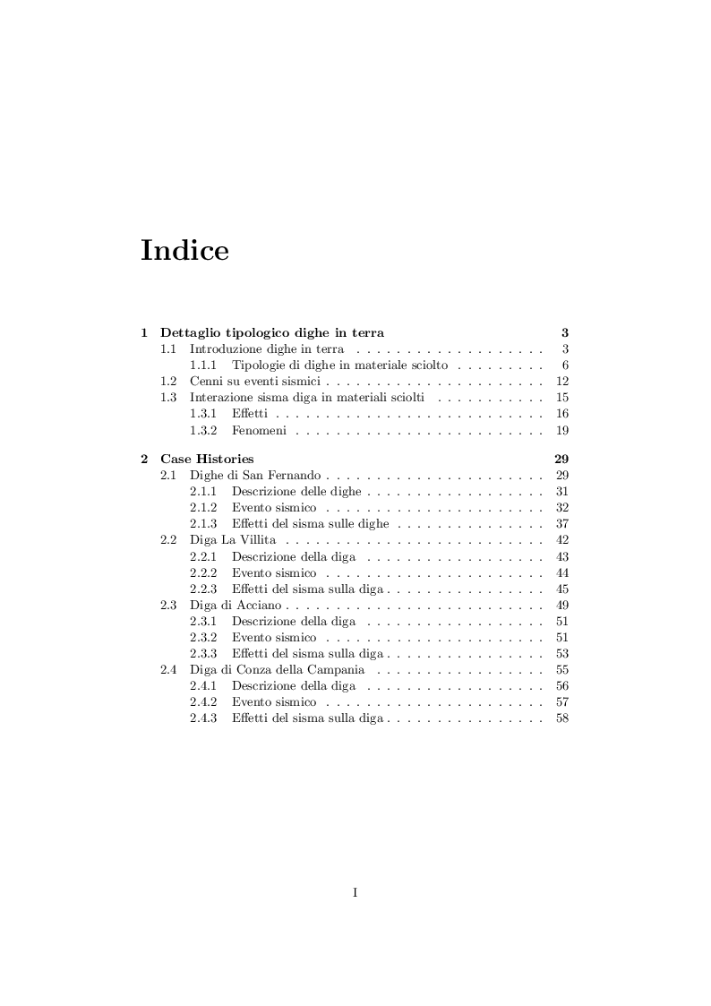 Indice della tesi: Comportamento delle dighe in terra soggette ad azioni sismiche, Pagina 1