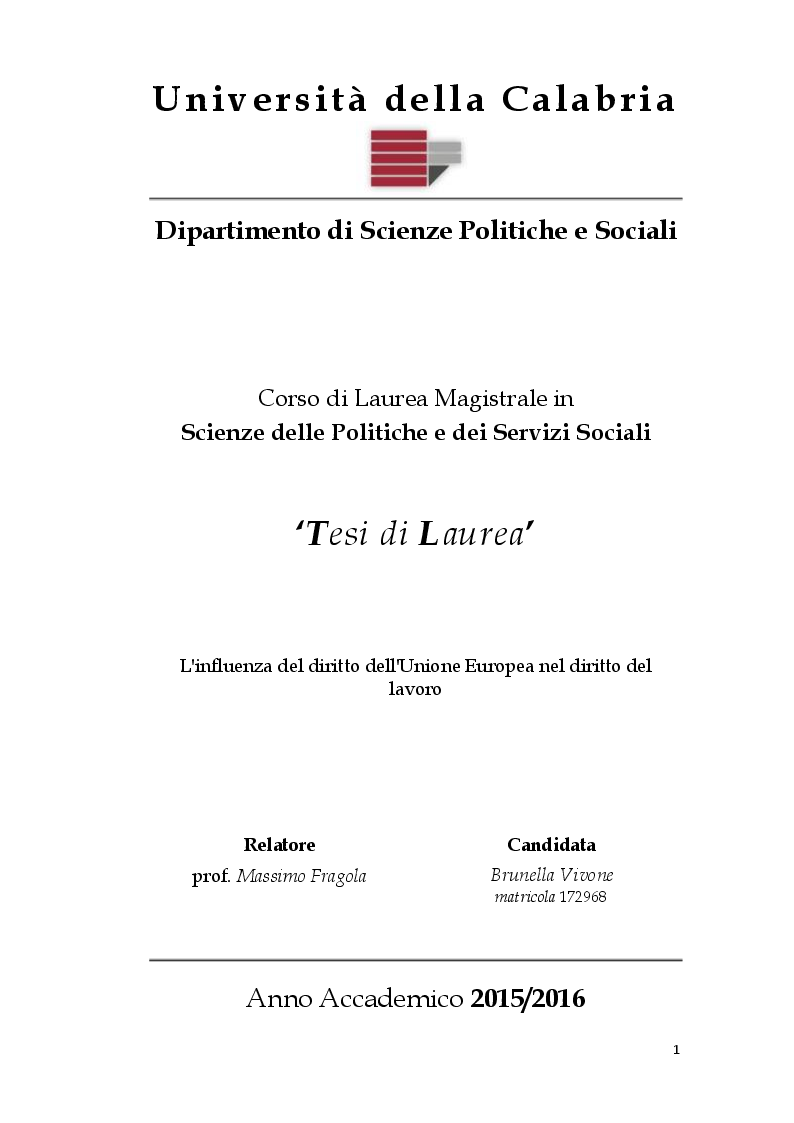Anteprima della tesi: L'influenza del diritto dell'Unione Europea nel diritto del lavoro, Pagina 1