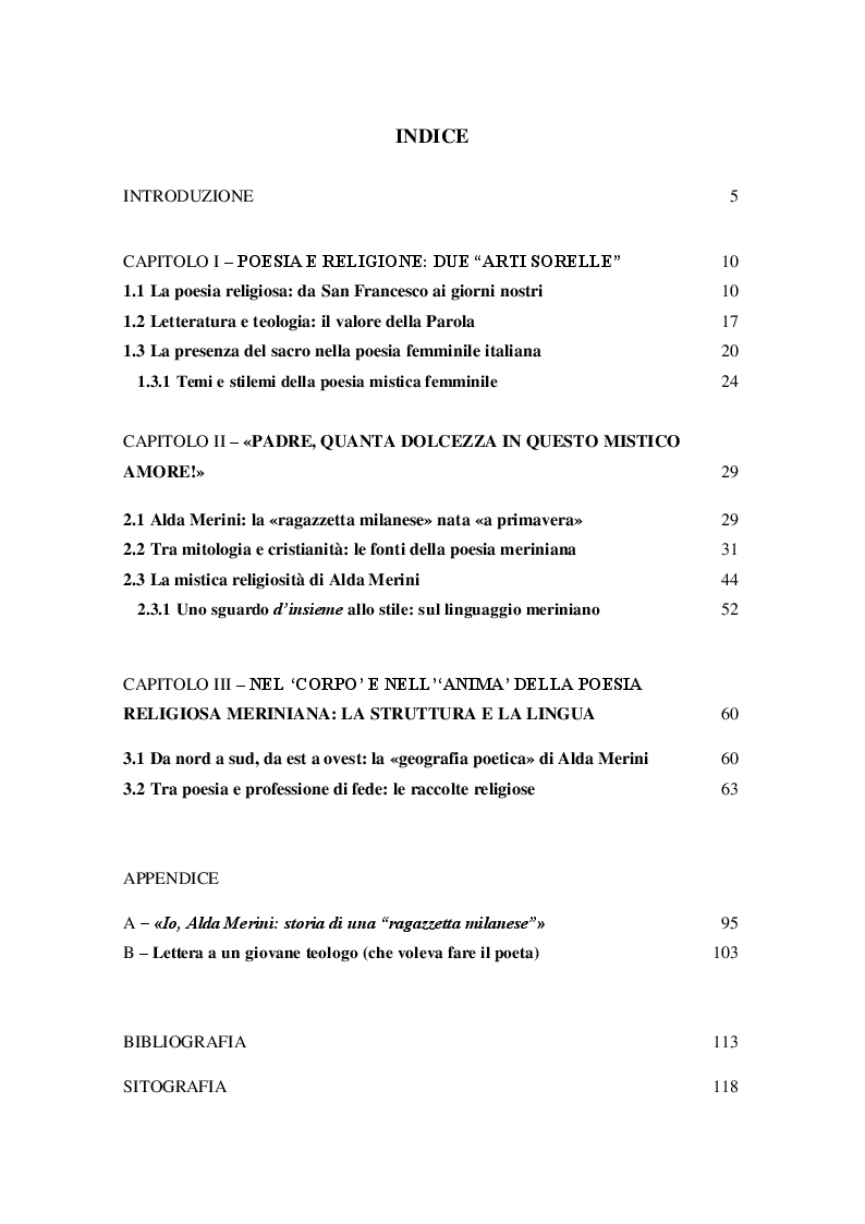 Indice della tesi: "Io trovo i miei versi intingendo il calamaio nel cielo": sentimento religioso e ispirazione poetica nella poesia di Alda Merini, Pagina 1