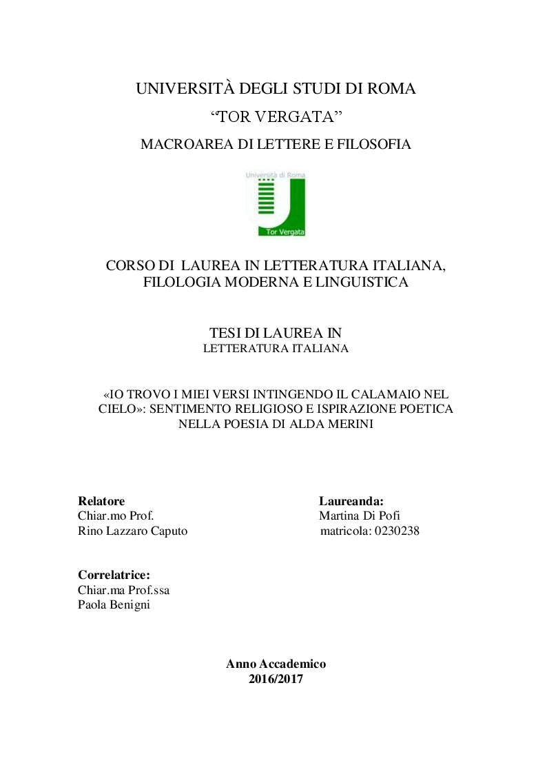Anteprima della tesi: "Io trovo i miei versi intingendo il calamaio nel cielo": sentimento religioso e ispirazione poetica nella poesia di Alda Merini, Pagina 1