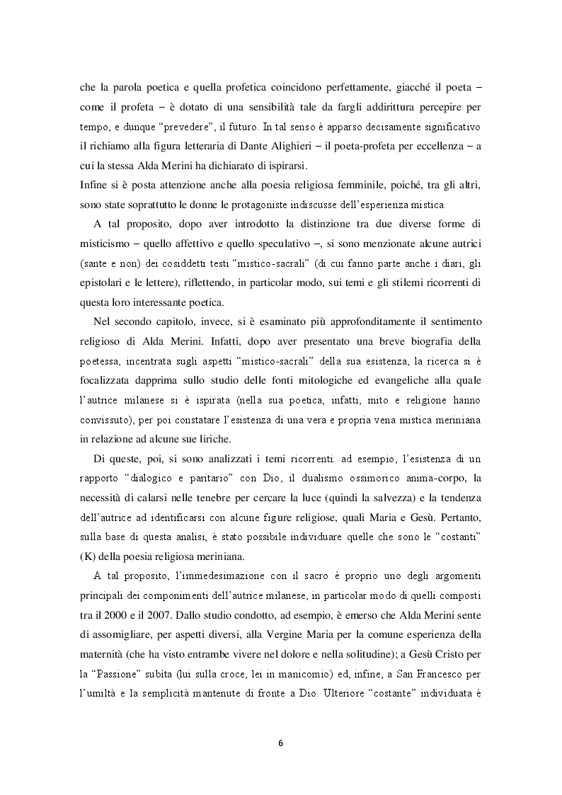 Anteprima della tesi: "Io trovo i miei versi intingendo il calamaio nel cielo": sentimento religioso e ispirazione poetica nella poesia di Alda Merini, Pagina 3